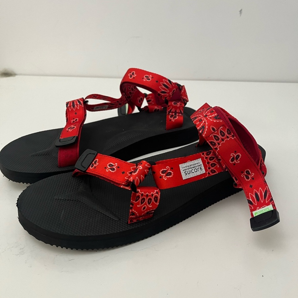 Red paisley suicoke sandals